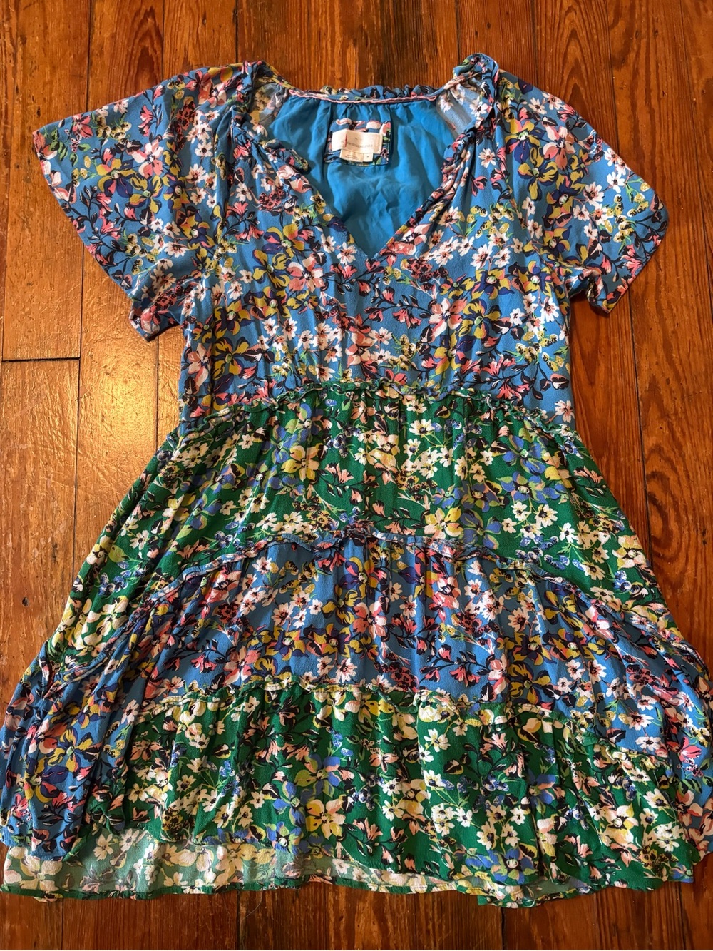 Anthropologie Blue and Green Floral Tiered Mini Dress